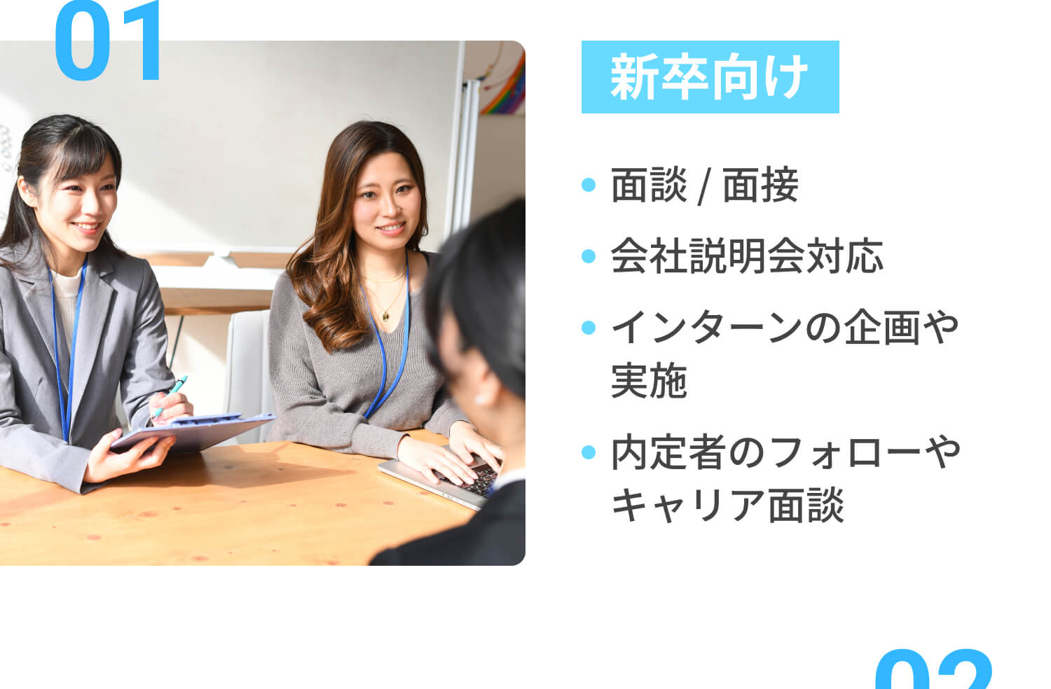 01新卒向け：面談 / 面接, 会社説明会対応, インターンの企画や実施, 内定者のフォローやキャリア面談