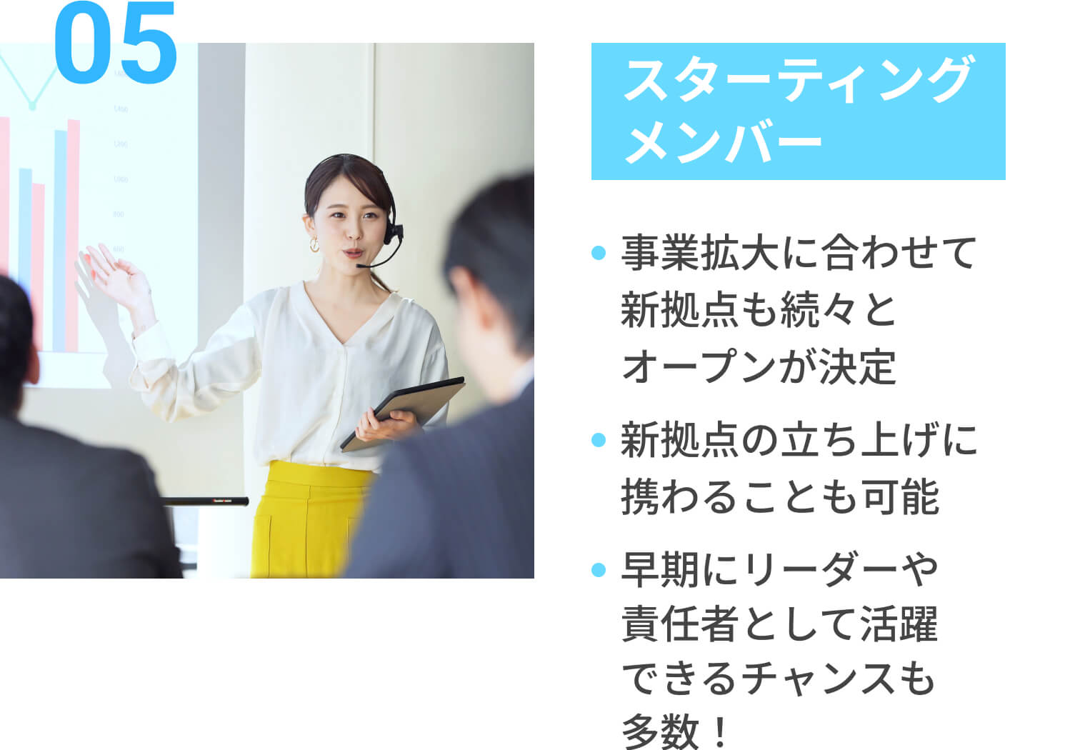 05スターティングメンバー：事業拡大に合わせて新拠点も続々とオープンが決定, 新拠点の立ち上げに携わることも可能, 早期にリーダーや責任者として活躍できるチャンスも多数！